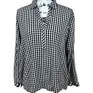 J.Jill top black white top checkers gingham long sleeve collar tunic top size L
